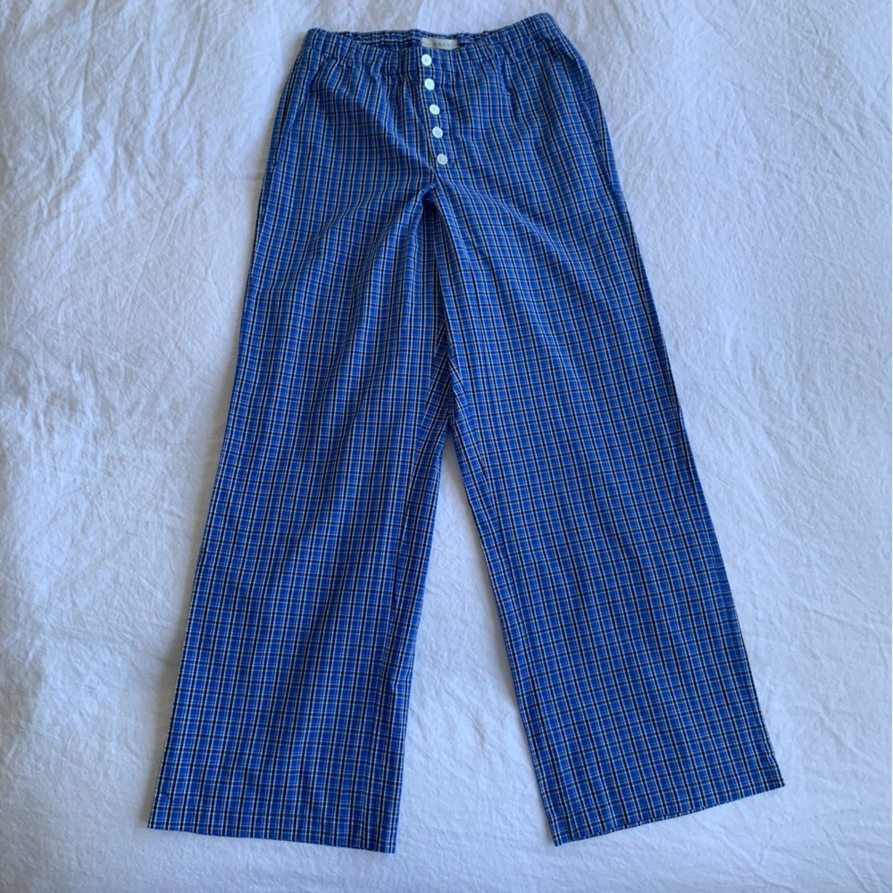 NWT Doen Morgan Cotton Poplin Plaid Drawstring Baggy Pants Cassis Check Blue